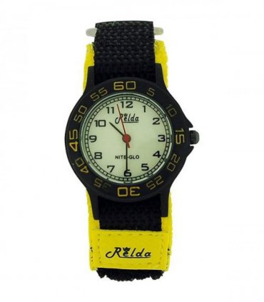 Children's Quartz Watch Yellow/Black Velcro Strap Luminous Dial Silver Bezel 3cm