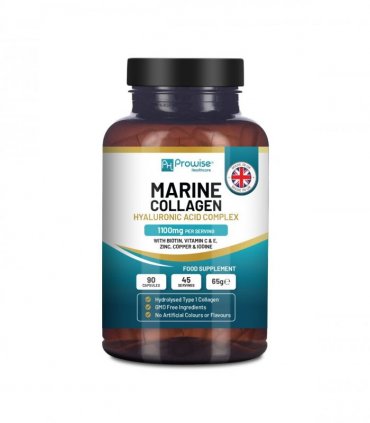 Marine Collagen with Hyaluronic Acid Complex 1100mg  90 Capsules I For Women and Men I Made in UK by Prowise