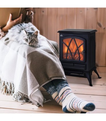 1850W Flame Effect Electric Free Standing Fireplace Fan Log Burning Stove -Black