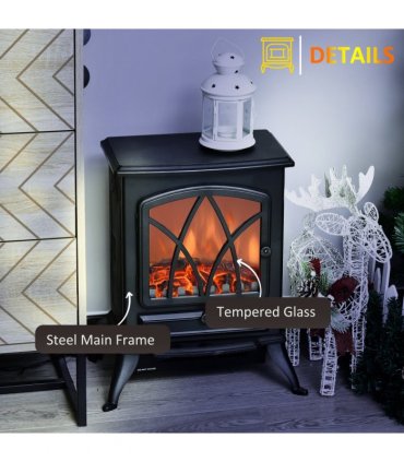 1850W Flame Effect Electric Free Standing Fireplace Fan Log Burning Stove -Black
