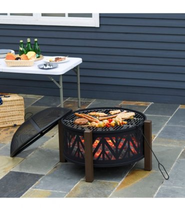 2-in-1 Outdoor Fire Pit Bowl with BBQ Grill Grate 30" Spark Screen Cover