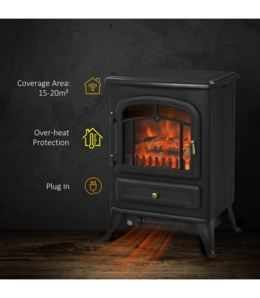 Electric Fire Place 1850W Heater Wood Burning Effect Flame Portable Black