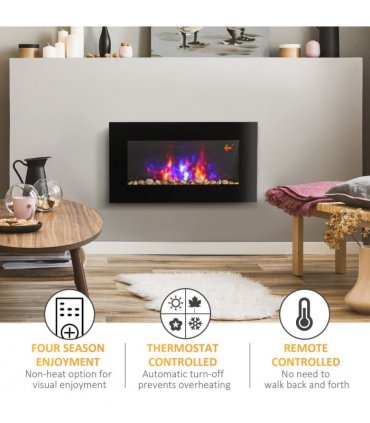 1000W Wall Mounted Tempered Glass Electric Fireplace Heater Black