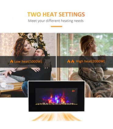 1000W Wall Mounted Tempered Glass Electric Fireplace Heater Black