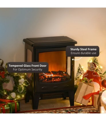 1800W Tempered Glass Electric Fireplace Heater Black