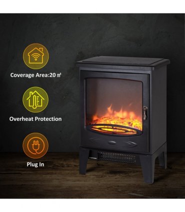 Electric Heater Freestanding Fireplace Artificial Flame Tempered Glass Casing