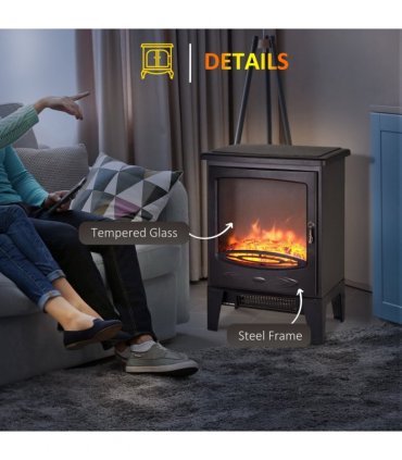 Electric Heater Freestanding Fireplace Artificial Flame Tempered Glass Casing