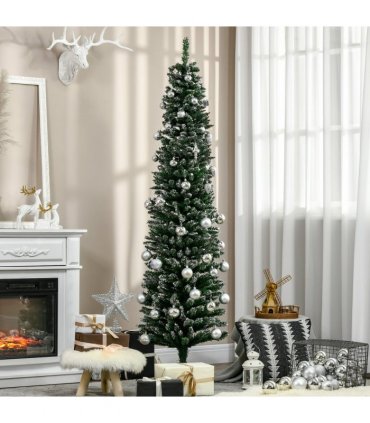 6.5FT Artificial Snow Dipped Christmas Tree Pencil Foldable Black Stand Green