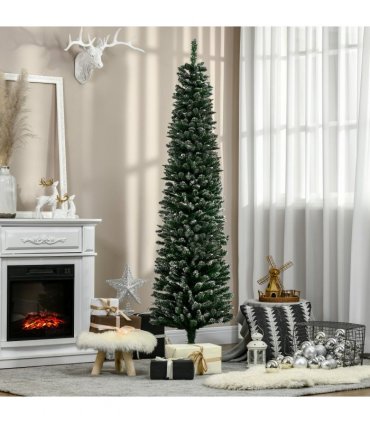 6.5FT Artificial Snow Dipped Christmas Tree Pencil Foldable Black Stand Green