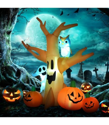 240cm Large Halloween Scary Lighting Inflatable Tree Ghost 3 Pumpkins Owl 4 LED