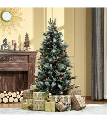 5FT Artificial SnowDipped Christmas Tree Foldable Berries White Pinecones Green