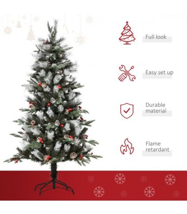 5FT Artificial SnowDipped Christmas Tree Foldable Berries White Pinecones Green