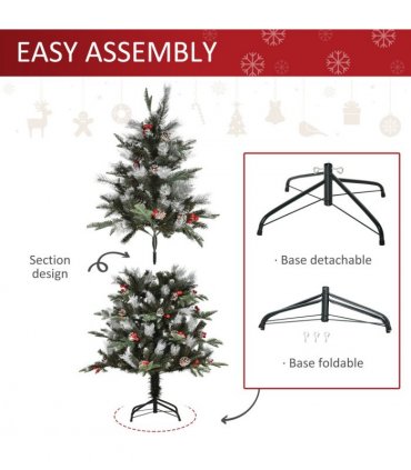 5FT Artificial SnowDipped Christmas Tree Foldable Berries White Pinecones Green
