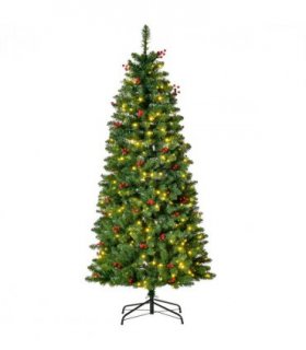 5FT Prelit Artificial Pencil Christmas Tree Warm White LED Red Berry Green