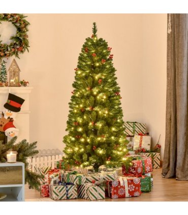 5FT Prelit Artificial Pencil Christmas Tree Warm White LED Red Berry Green