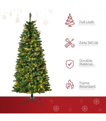 5FT Prelit Artificial Pencil Christmas Tree Warm White LED Red Berry Green