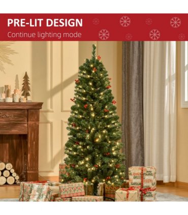 5FT Prelit Artificial Pencil Christmas Tree Warm White LED Red Berry Green