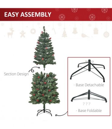 5FT Prelit Artificial Pencil Christmas Tree Warm White LED Red Berry Green