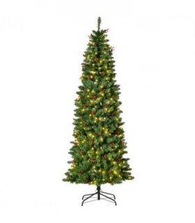 7FT Prelit Artificial Pencil Christmas Tree Warm White LED Red Berry Green