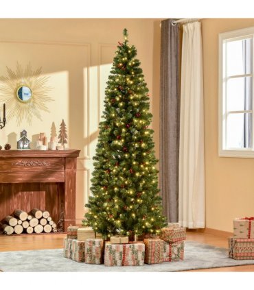 7FT Prelit Artificial Pencil Christmas Tree Warm White LED Red Berry Green