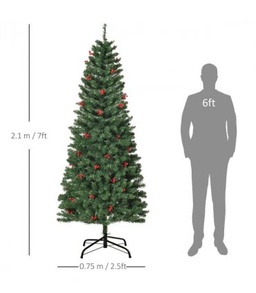 7FT Prelit Artificial Pencil Christmas Tree Warm White LED Red Berry Green