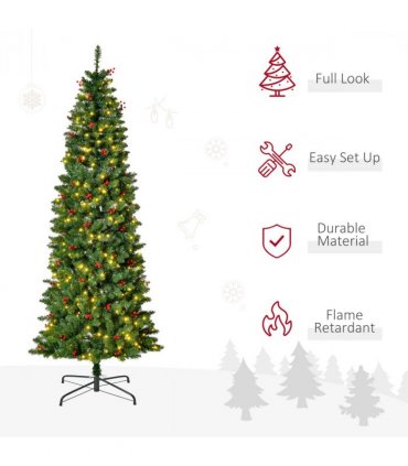 7FT Prelit Artificial Pencil Christmas Tree Warm White LED Red Berry Green