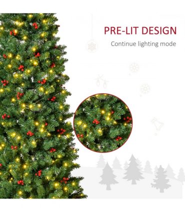 7FT Prelit Artificial Pencil Christmas Tree Warm White LED Red Berry Green