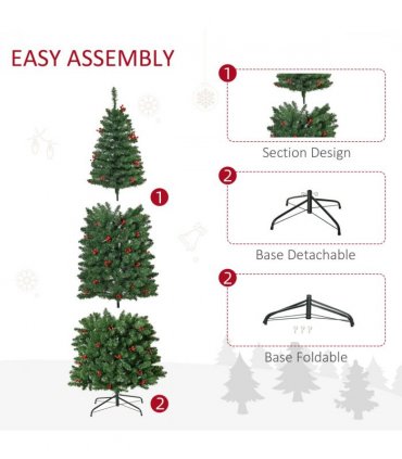 7FT Prelit Artificial Pencil Christmas Tree Warm White LED Red Berry Green