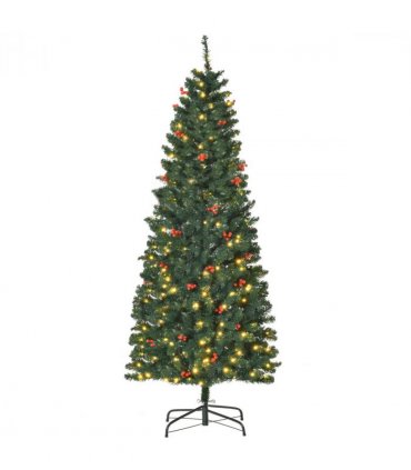 6FT Prelit Artificial Pencil Christmas Tree Warm White LED Red Berry Green