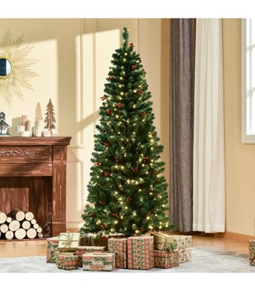 6FT Prelit Artificial Pencil Christmas Tree Warm White LED Red Berry Green