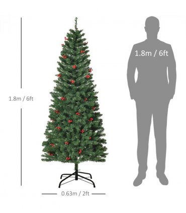 6FT Prelit Artificial Pencil Christmas Tree Warm White LED Red Berry Green