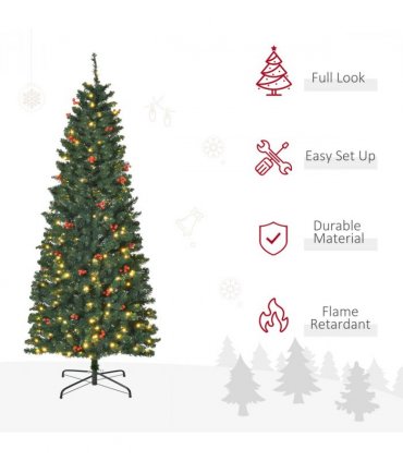 6FT Prelit Artificial Pencil Christmas Tree Warm White LED Red Berry Green