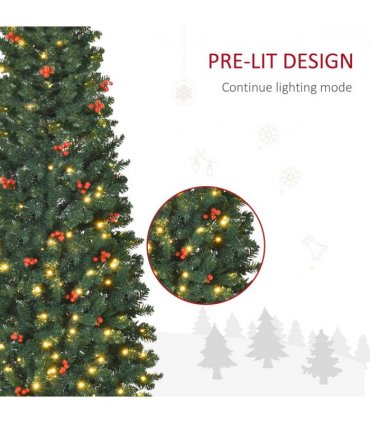 6FT Prelit Artificial Pencil Christmas Tree Warm White LED Red Berry Green