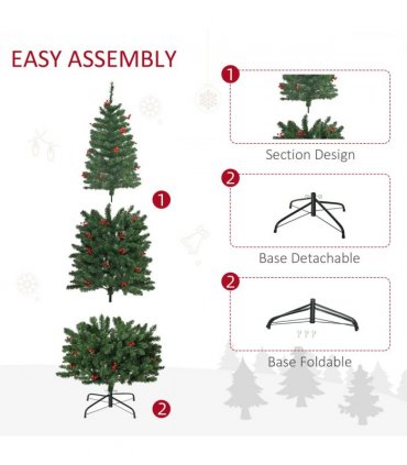 6FT Prelit Artificial Pencil Christmas Tree Warm White LED Red Berry Green