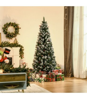 6FT Artificial Christmas Tree Pencil Tree Berries Pinecones Foldable Feet Green