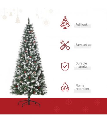 6FT Artificial Christmas Tree Pencil Tree Berries Pinecones Foldable Feet Green