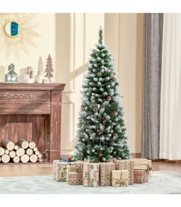 5FT Artificial Christmas Tree Pencil Tree Berries Pinecones Foldable Feet Green