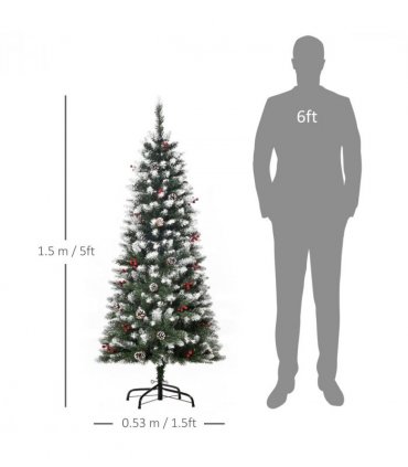 5FT Artificial Christmas Tree Pencil Tree Berries Pinecones Foldable Feet Green