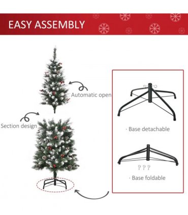 5FT Artificial Christmas Tree Pencil Tree Berries Pinecones Foldable Feet Green