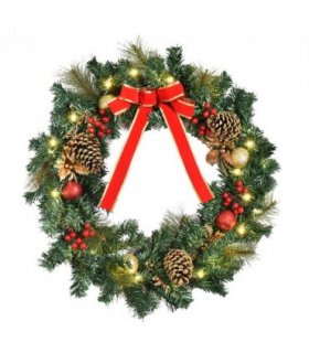 60cm Pre-Lit Artificial Christmas Door Wreath Holly LED Decor Pine Cones Hangin
