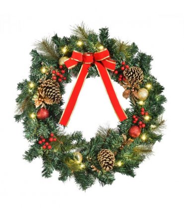 60cm Pre-Lit Artificial Christmas Door Wreath Holly LED Decor Pine Cones Hangin