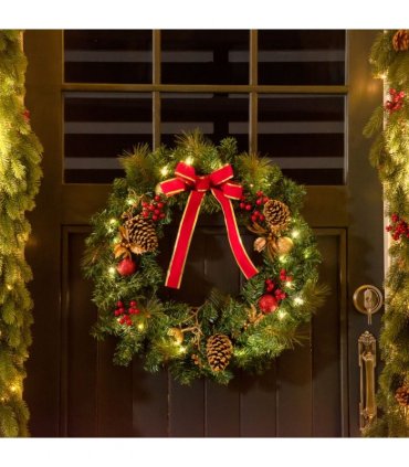 60cm Pre-Lit Artificial Christmas Door Wreath Holly LED Decor Pine Cones Hangin
