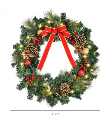 60cm Pre-Lit Artificial Christmas Door Wreath Holly LED Decor Pine Cones Hangin