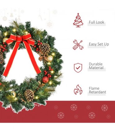 60cm Pre-Lit Artificial Christmas Door Wreath Holly LED Decor Pine Cones Hangin