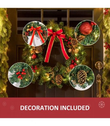 60cm Pre-Lit Artificial Christmas Door Wreath Holly LED Decor Pine Cones Hangin