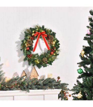 60cm Pre-Lit Artificial Christmas Door Wreath Holly LED Decor Pine Cones Hangin
