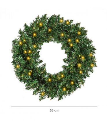 55CM Pre-lit Christmas Wreath 50 Warm White LED Ideal Xmas Artificial Door Deco