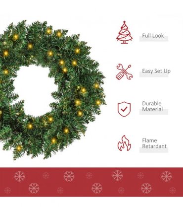 55CM Pre-lit Christmas Wreath 50 Warm White LED Ideal Xmas Artificial Door Deco