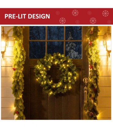 55CM Pre-lit Christmas Wreath 50 Warm White LED Ideal Xmas Artificial Door Deco
