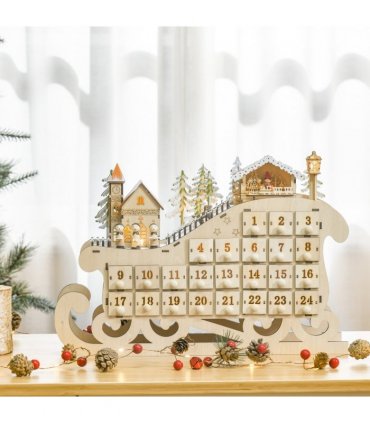 Christmas Advent Calendar 2021 Light Up Wooden Sleigh Countdown Natural